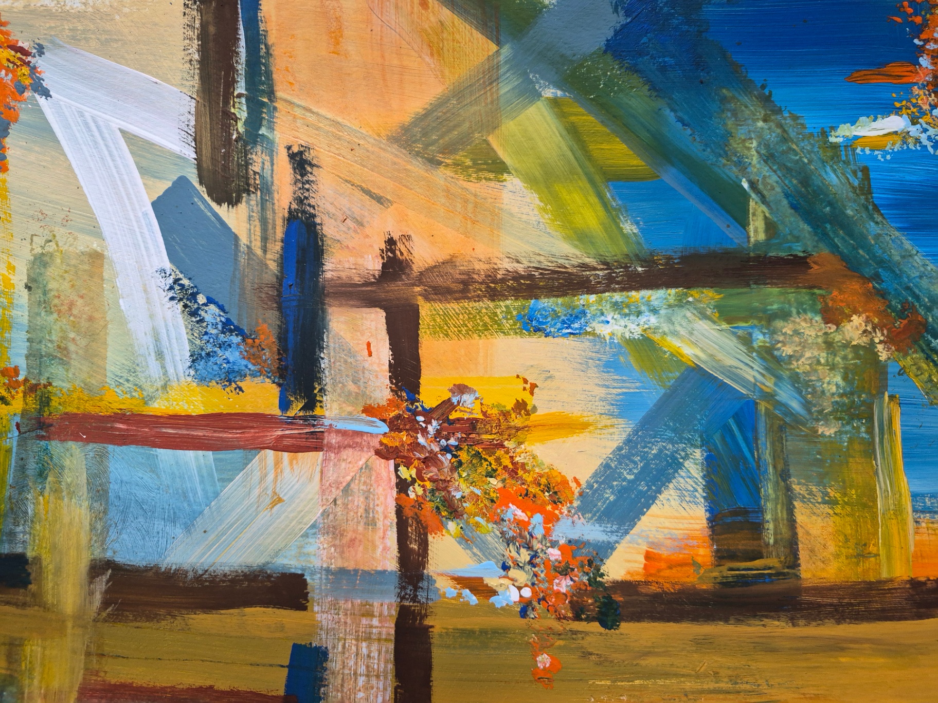 Detalhe de pintura em azuis e ocres, obra de PR Callegari